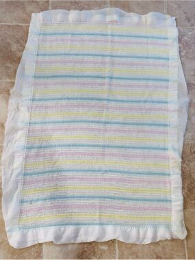 Vintage Pastel Striped Baby Acrylic Blanket Made in USA Satin Edges